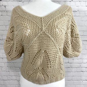Forever 21 Open Knit Cap Weave Raglan V Neck Crop Top Women's Tan Sweater Sz M